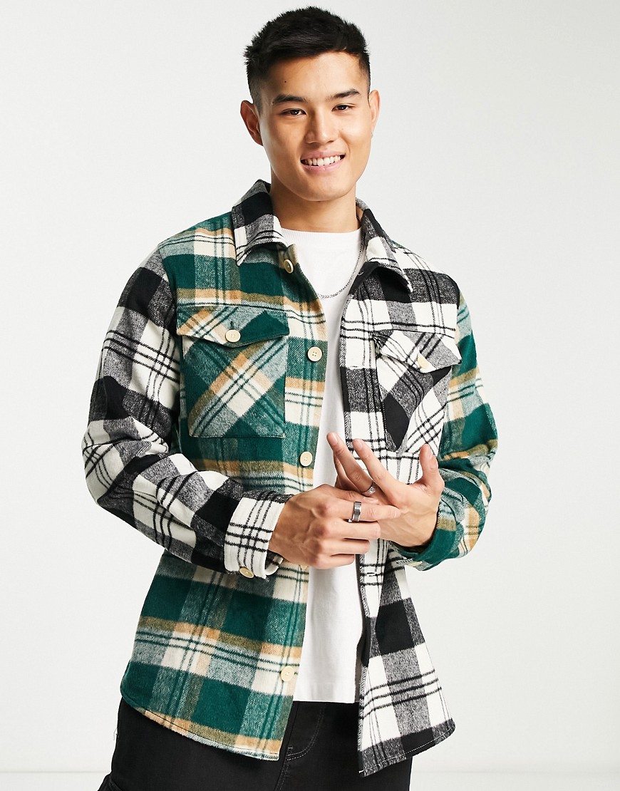 Shop Adpt Oversized Heavy Brushed Plaid Overshirt In Green & Navy