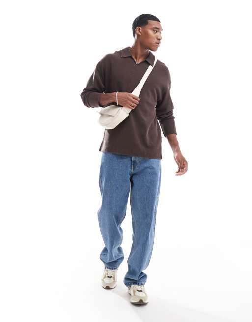 ADPT oversized heavy weight ribbed long sleeve polo in chocolate