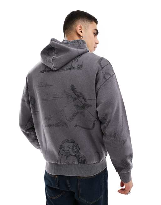 ADPT - Oversized hoodie met all-over engelenprint en acid wash in grijs, 2 van 4
