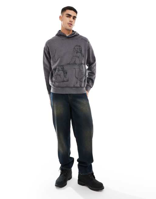 ADPT - Oversized hoodie met all-over engelenprint en acid wash in grijs, 3 van 4