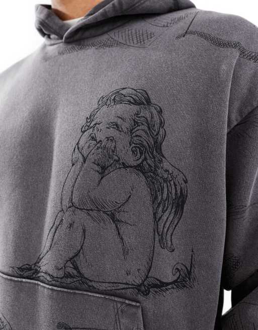 ADPT - Oversized hoodie met all-over engelenprint en acid wash in grijs, 4 van 4