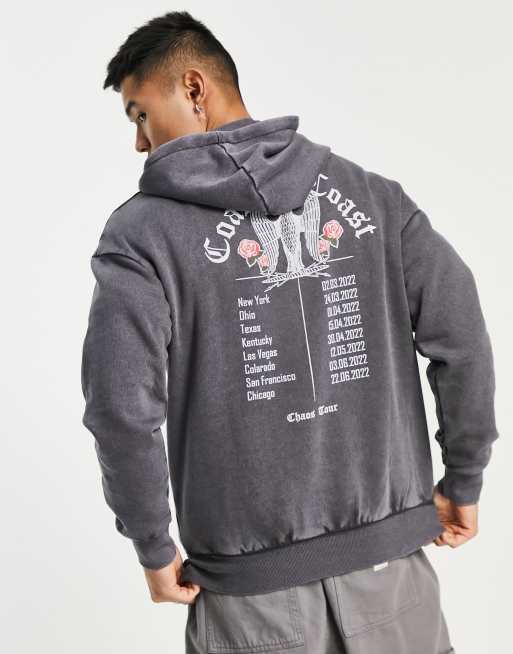 ADPT - Oversized hoodie met wassing en tour-print in grijs 