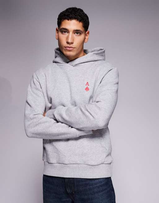 ADPT oversized hoodie with ace of hearts back and chest prints in light gray, 3 of 5