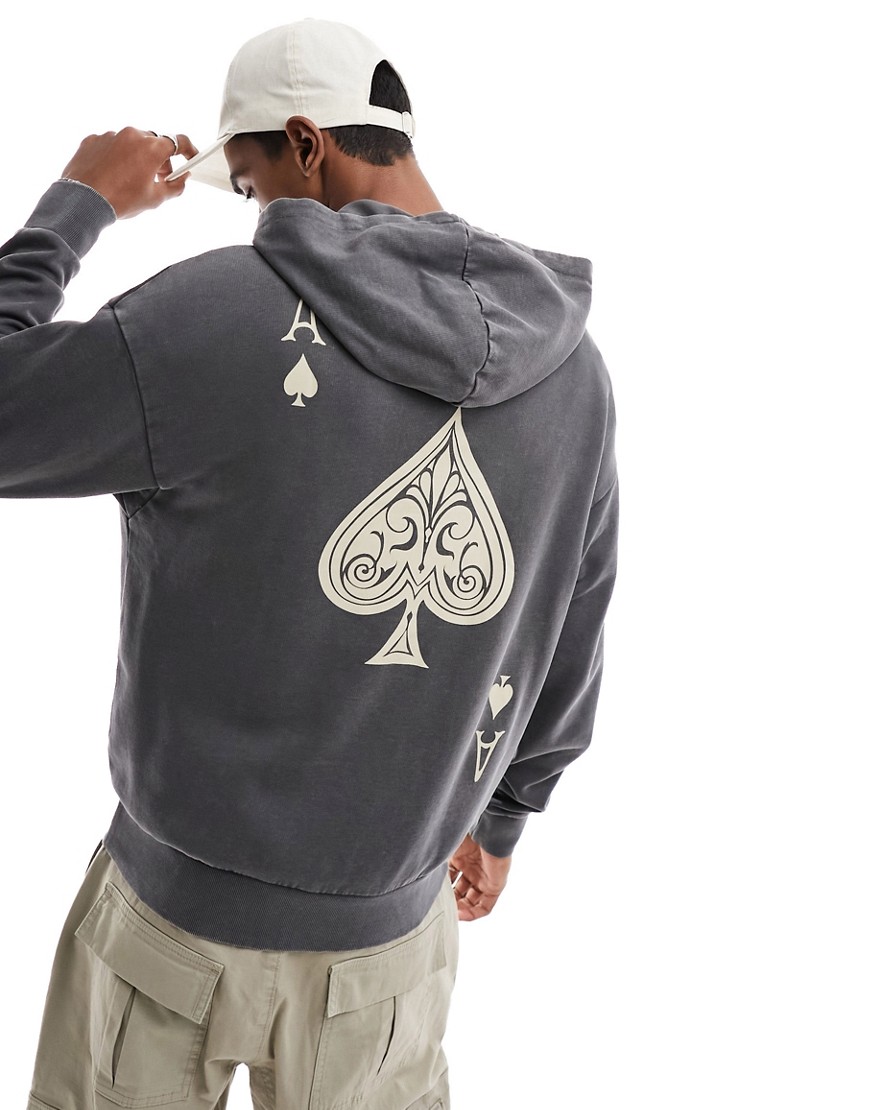 oversized hoodie with ace of spades back print in washed gray