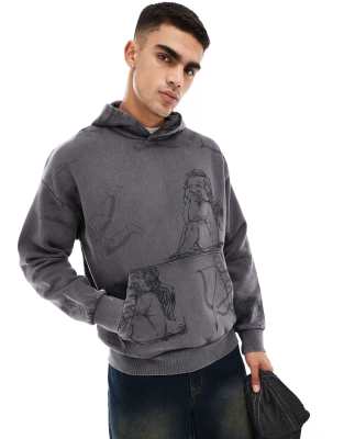 oversized hoodie with all over angel print in gray acid wash