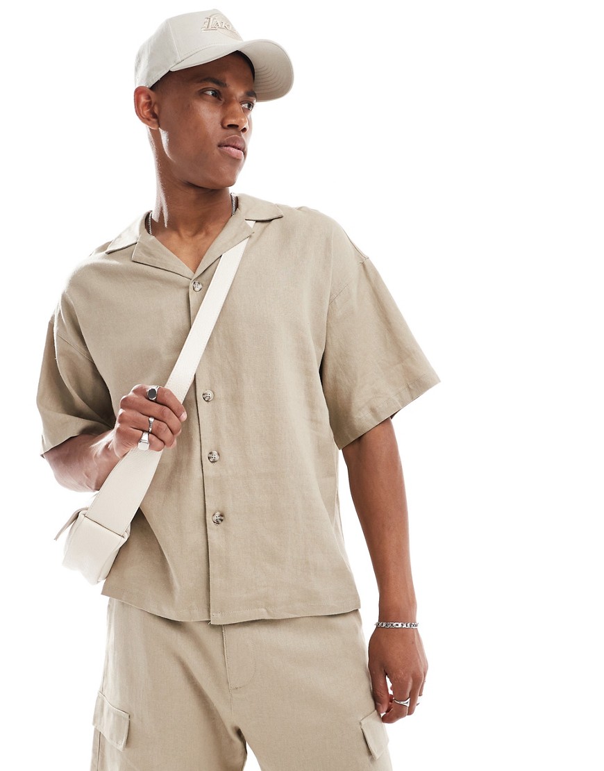 ADPT oversized linen mix revere collar shirt in beige-Neutral