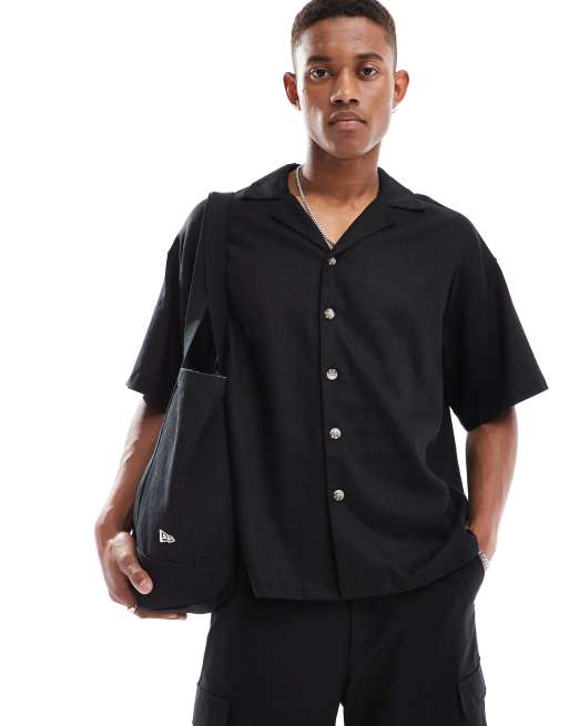 ADPT oversized linen mix revere collar shirt in black