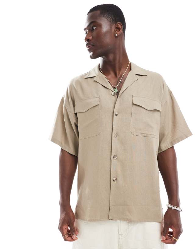 ADPT - oversized linen mix shirt with double pocket in beige