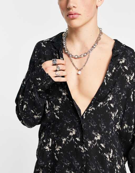 ADPT oversized marble print revere collar shirt in black marble print