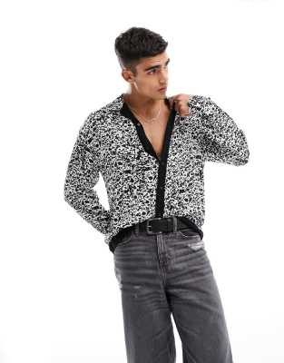 Adpt Oversized Monochrome Print Revere Shirt With Border In Black