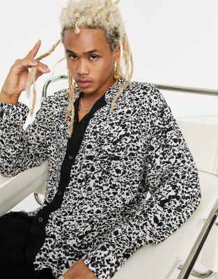 Adpt Oversized Monochrome Print Revere Shirt With Border In Black In Black