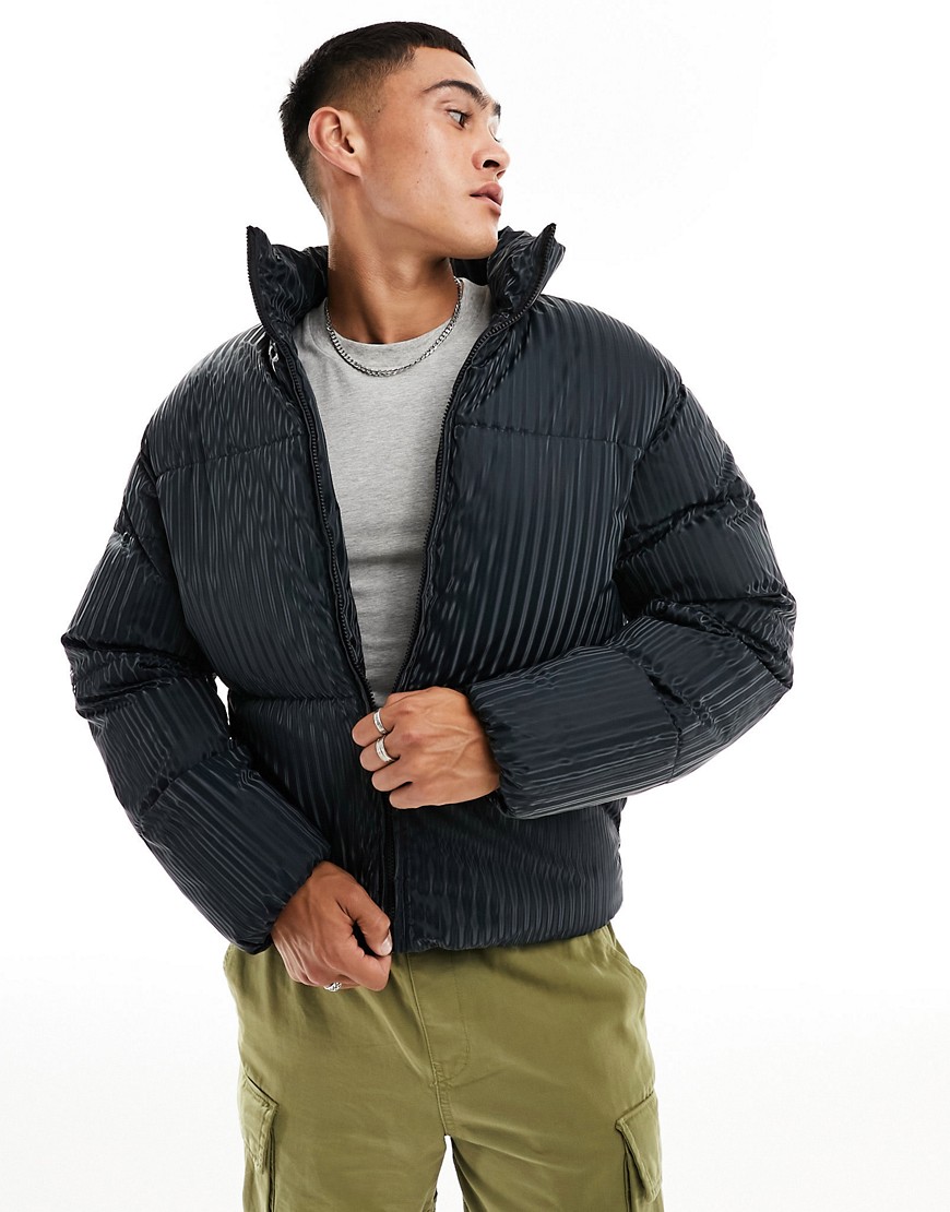 ADPT oversized puffer with 3D stripe in charcoal-Black