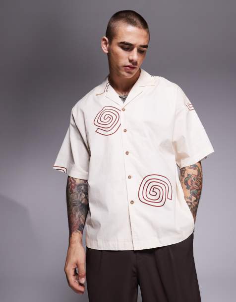 ADPT oversized revere collar shirt in cream with spiral print - view 1