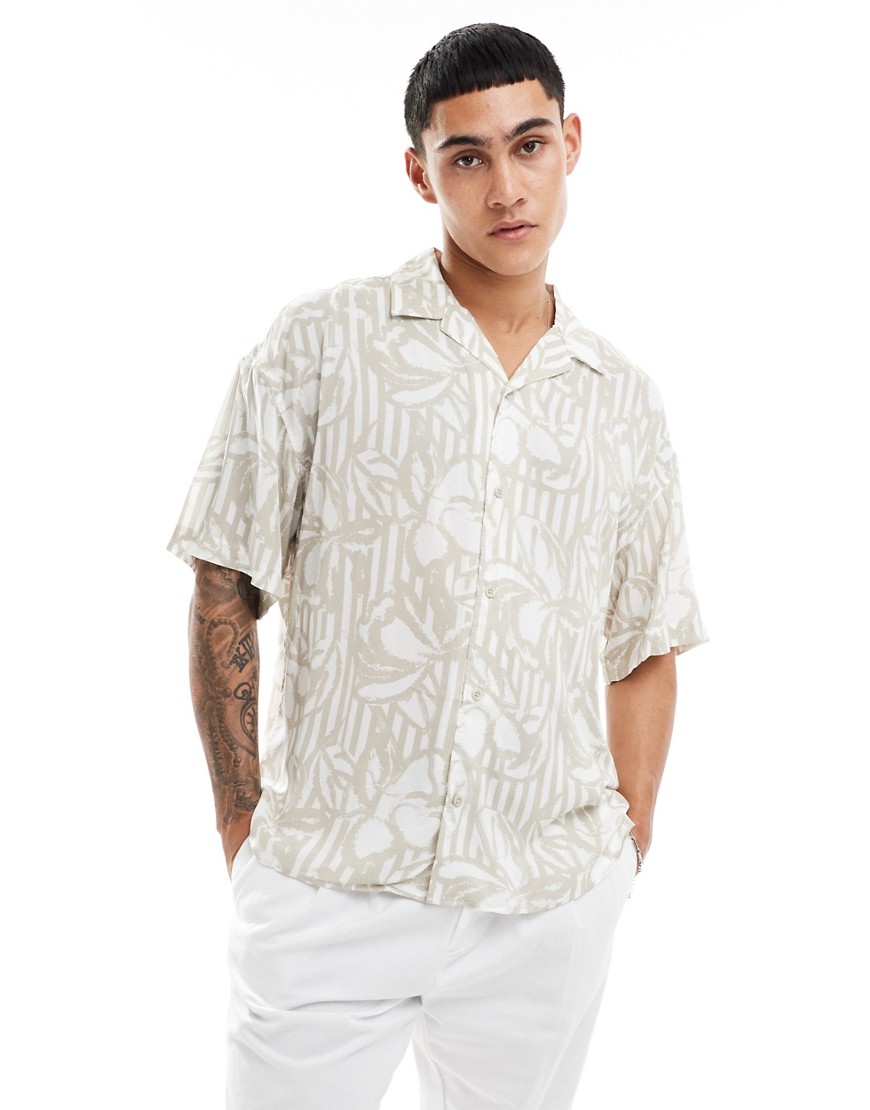 Adpt Oversized Revere Collar Shirt With Floral Print In Beige-neutral In White