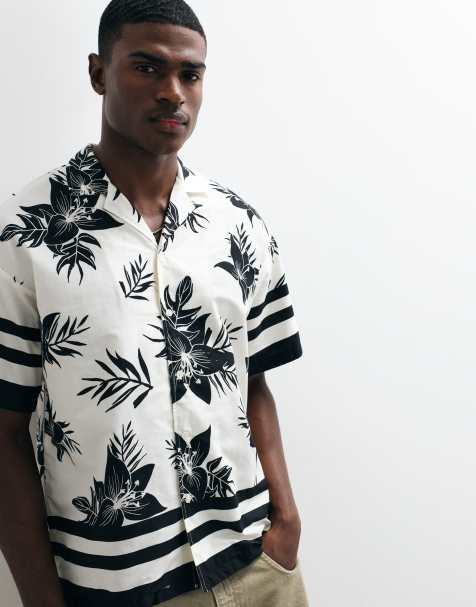 ADPT oversized revere collar shirt with floral print in black - view 1