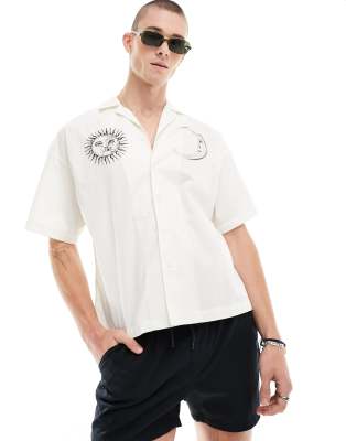 Adpt Oversized Revere Collar Shirt With Sun And Moon Placement Print-white