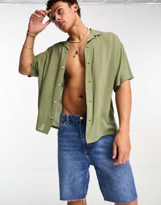 ADPT oversized revere collar short sleeve shirt in khaki - ASOS Price Checker