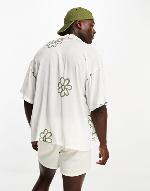 ADPT oversized revere collar short sleeve shirt in white flower print