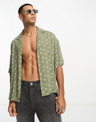 ADPT oversized revere collar short sleeve shirt with scribbled hearts print in khaki