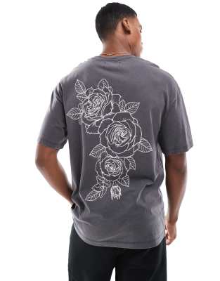 oversized rose back print t-shirt in dark gray