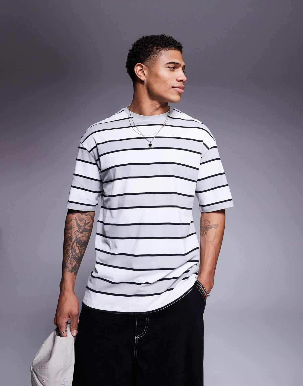 ADPT oversized stripe t-shirt in grey black white