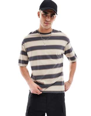 ADPT oversized t-shirt in washed beige stripe-Neutral