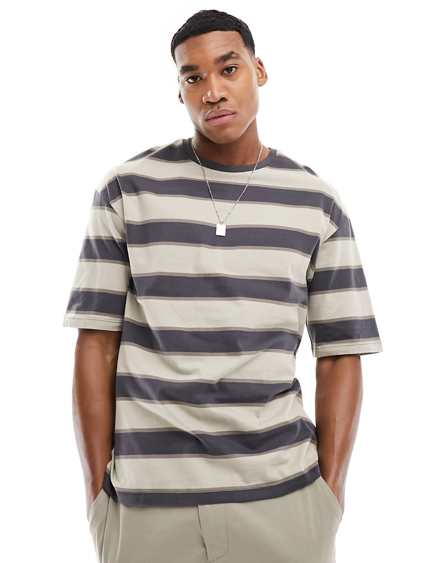 ADPT oversized t-shirt in washed beige stripe-Neutral