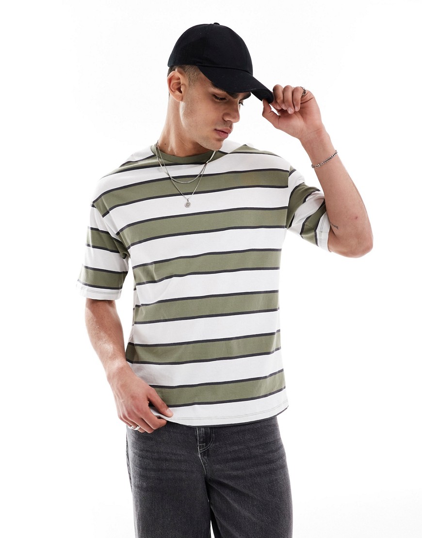 oversized t-shirt in washed khaki stripe-Green