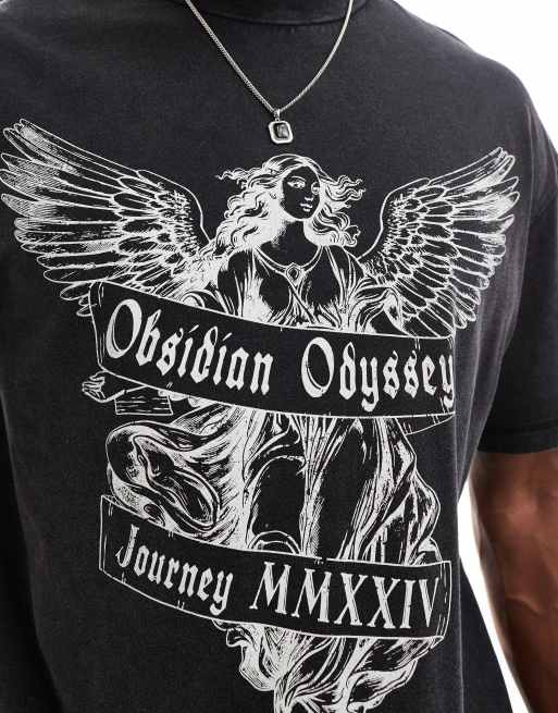 ADPT - Oversized T-shirt med engleprint på brystet i sort vask, 3 af 4