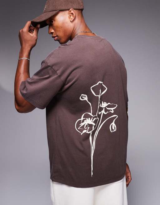 ADPT - Oversized T-shirt met bloemenprint in bruin met wassing