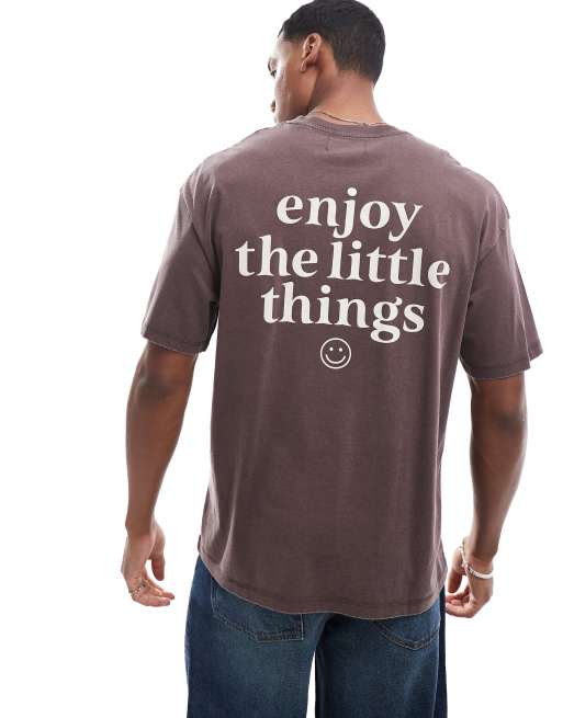 ADPT - Oversized T-shirt met 'enjoy the little things' print op de rug in bruin met wassing, 4 van 4