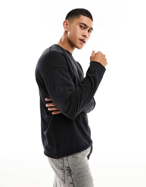 ADPT - Oversized T-shirt met mouwen met dubbele laag in zwarte wassing