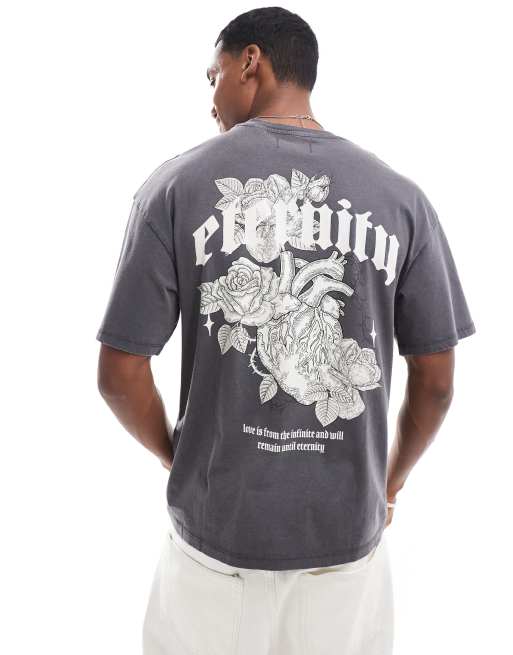 ADPT - Oversized T-shirt met rozenprint op de achterkant in grijs met wassing 