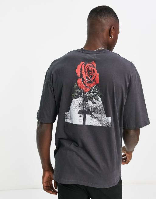 ADPT - Oversized T-shirt met rozenprint op de achterkant in grijs 