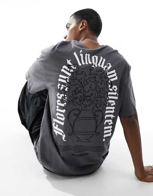 ADPT - Oversized T-shirt met vaasprint op de achterkant in donkergrijs 