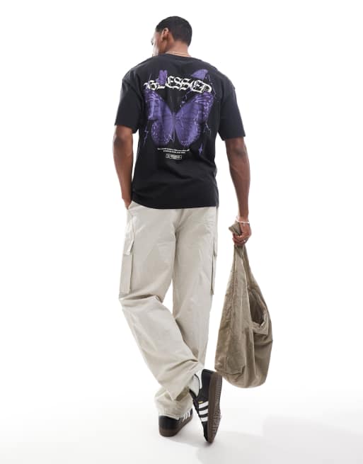 ADPT - Oversized T-shirt met vlinderprint op de achterkant in zwart met wassing 