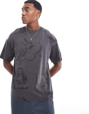 oversized t-shirt with all over angel print in gray acid wash