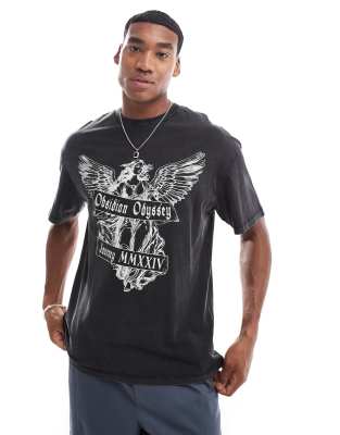 oversized t-shirt with angel chest print in black wash