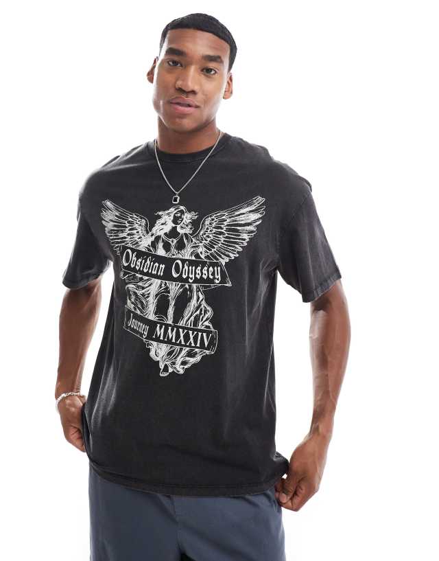 ADPT - oversized t-shirt with angel chest print in black wash