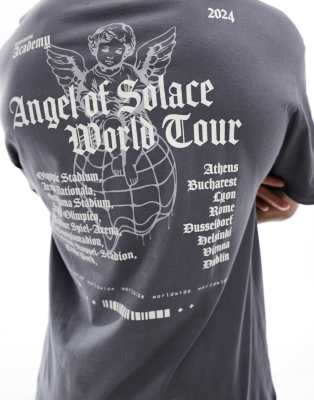 oversized T-shirt with angel of solace back print in dark gray