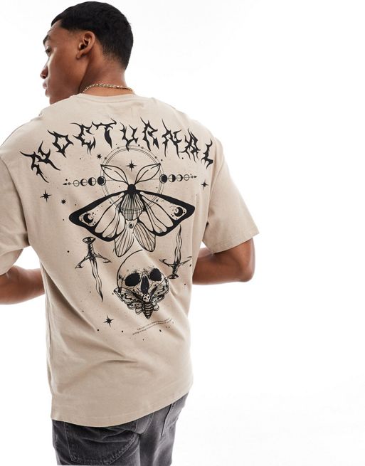 ADPT oversized t-shirt hood with butterfly skull back print in beige