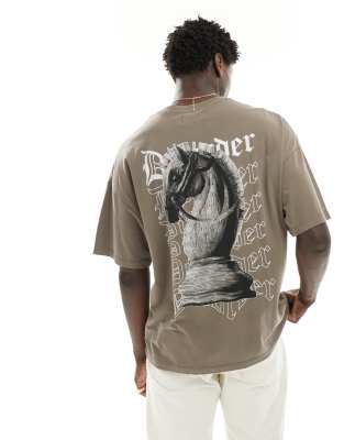 oversized T-shirt with chess back print in washed brown