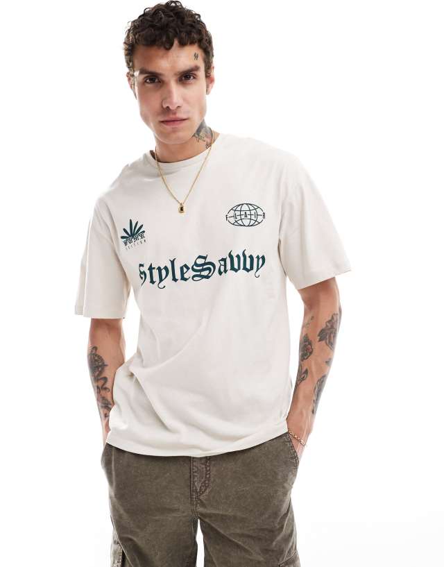 ADPT - oversized t-shirt with football inspired chest print in cream