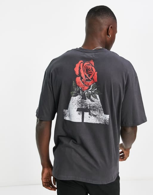 ADPT oversized t shirt with rose back print in gray