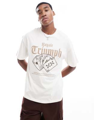 oversized T-shirt with triumph cards chest print in cream-White