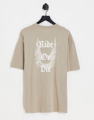 ADPT oversized t-shirt with wings back print in beige-Neutral