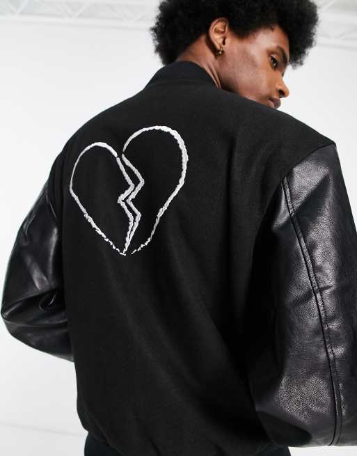 Adpt Oversized Varsity Bomber Jacket with Faux Leather Sleeves in Black