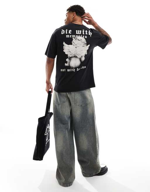 ADPT oversized washed angel back print t-shirt in dark gray 