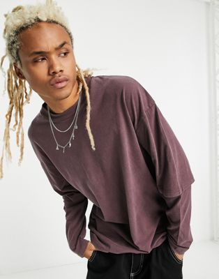ADPT oversized washed double layer t-shirt in burgundy  - ASOS Price Checker