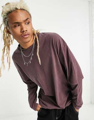 ADPT oversized washed double layer t-shirt in burgundy | ASOS